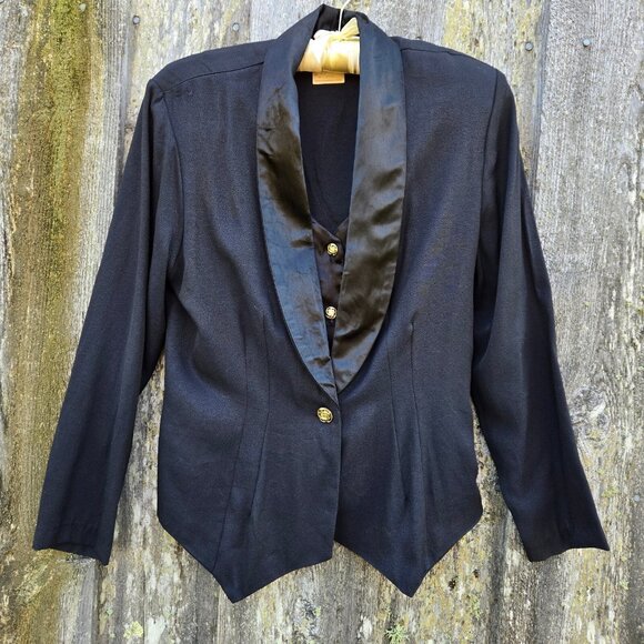 Vintage 90s Black Tuxedo Blazer Womens M Satin Lapels Attached Vest Goth Grunge - Picture 1 of 11